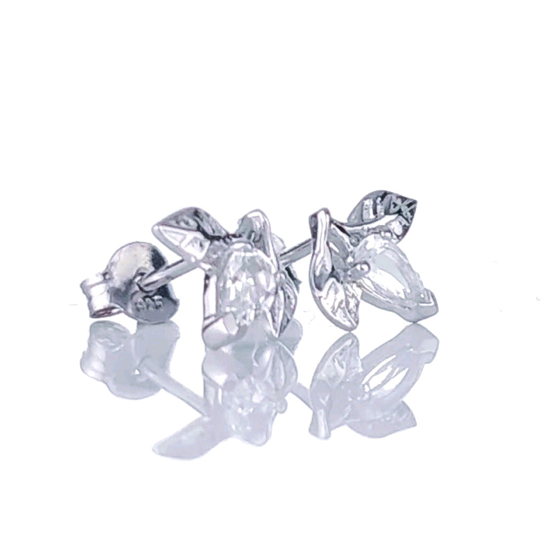 White Topaz Earrings 0.5ct Pear Tree of Life Studs Sterling Silver