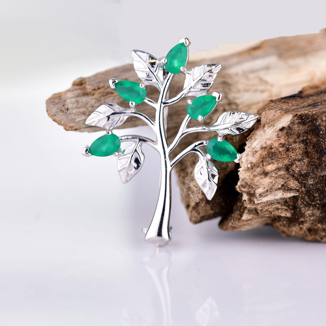 Green Onyx Brooch Sterling Silver Tree of Life Natural Stone Boxed Gift