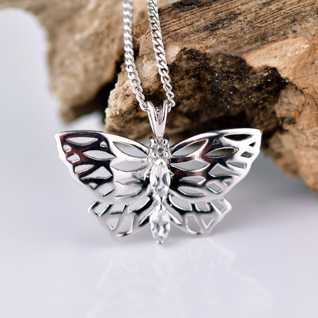 Topaz Butterfly Necklace Sterling Silver Natural Stone Trilogy Boxed Gift