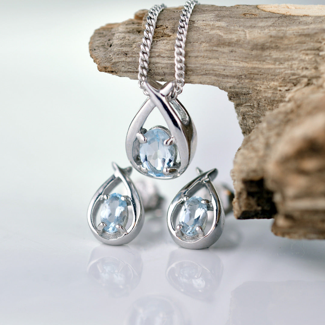 Aquamarine Set Necklace Earrings Sterling Silver Blue Twist Pendant Birthday Gift