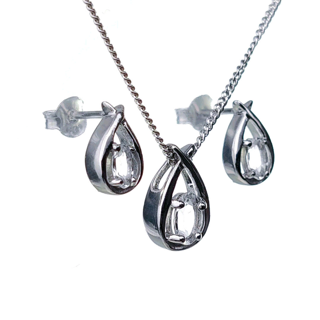 WHITE Topaz Necklace Earring Set 1ct Pear Twist Sterling Silver