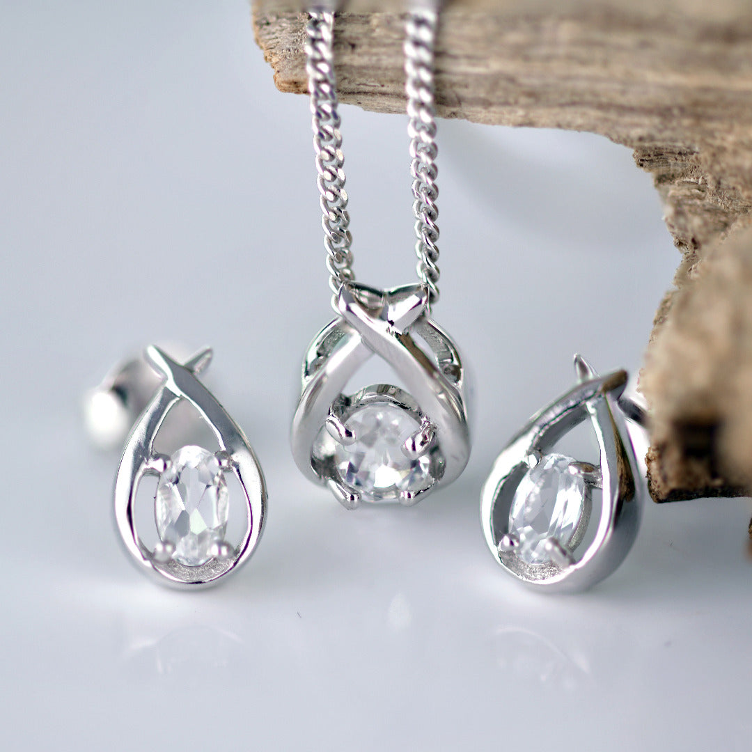 WHITE Topaz Necklace Earring Set 1ct Pear Twist Sterling Silver