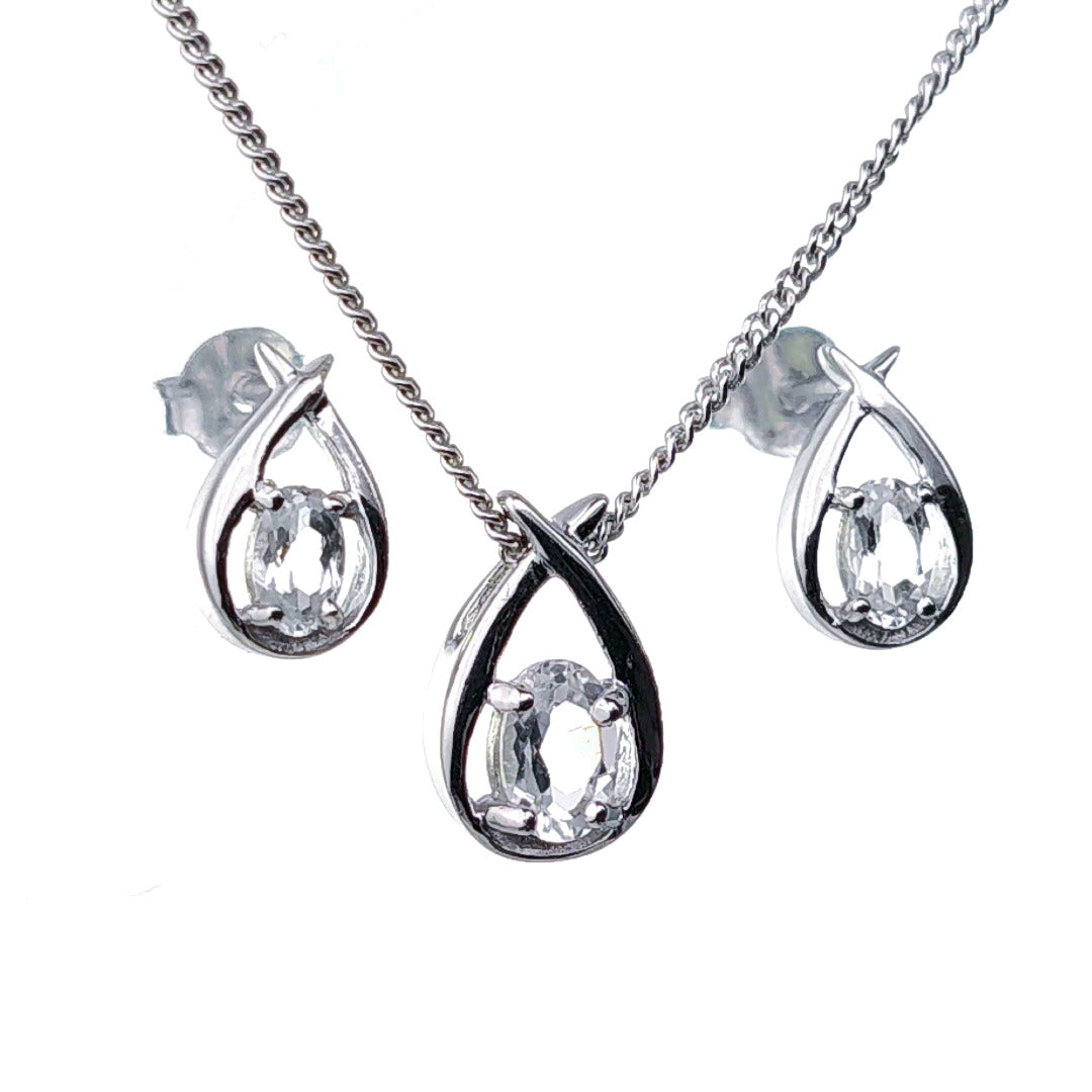 WHITE Topaz Necklace Earring Set 1ct Pear Twist Sterling Silver