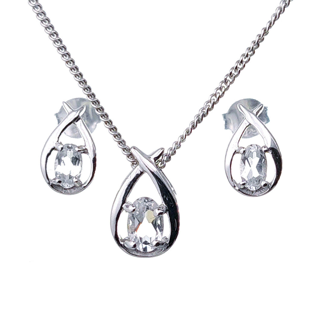 WHITE Topaz Necklace Earring Set 1ct Pear Twist Sterling Silver