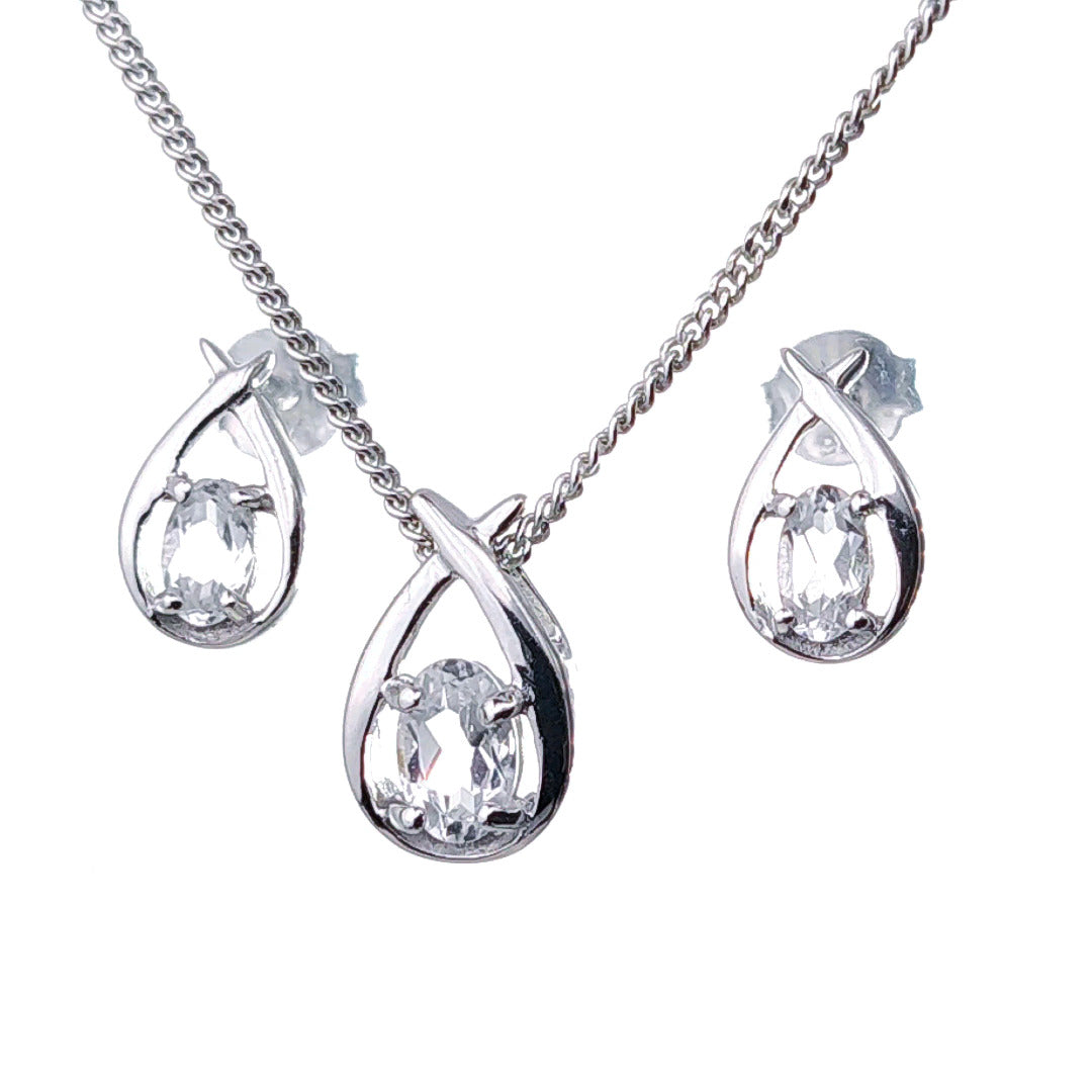 WHITE Topaz Necklace Earring Set 1ct Pear Twist Sterling Silver