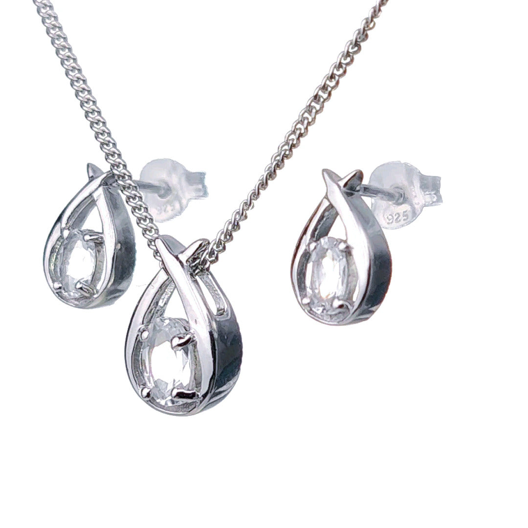 WHITE Topaz Necklace Earring Set 1ct Pear Twist Sterling Silver