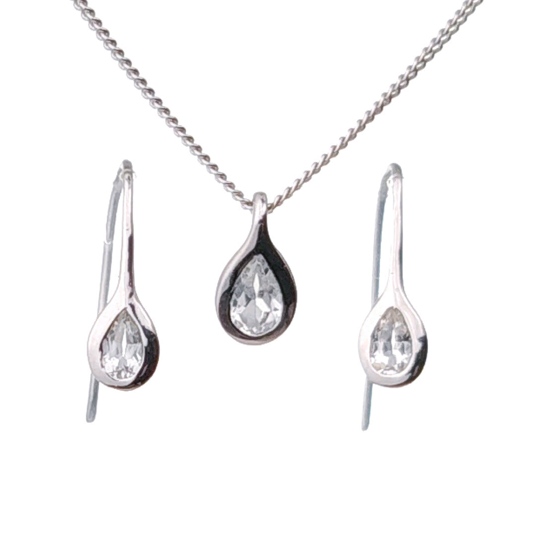 White Topaz Necklace Earring Set 1ct Pear Pendant Sterling Silver