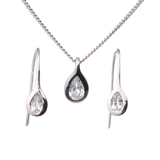 White Topaz Necklace Earring Set 1ct Pear Pendant Sterling Silver