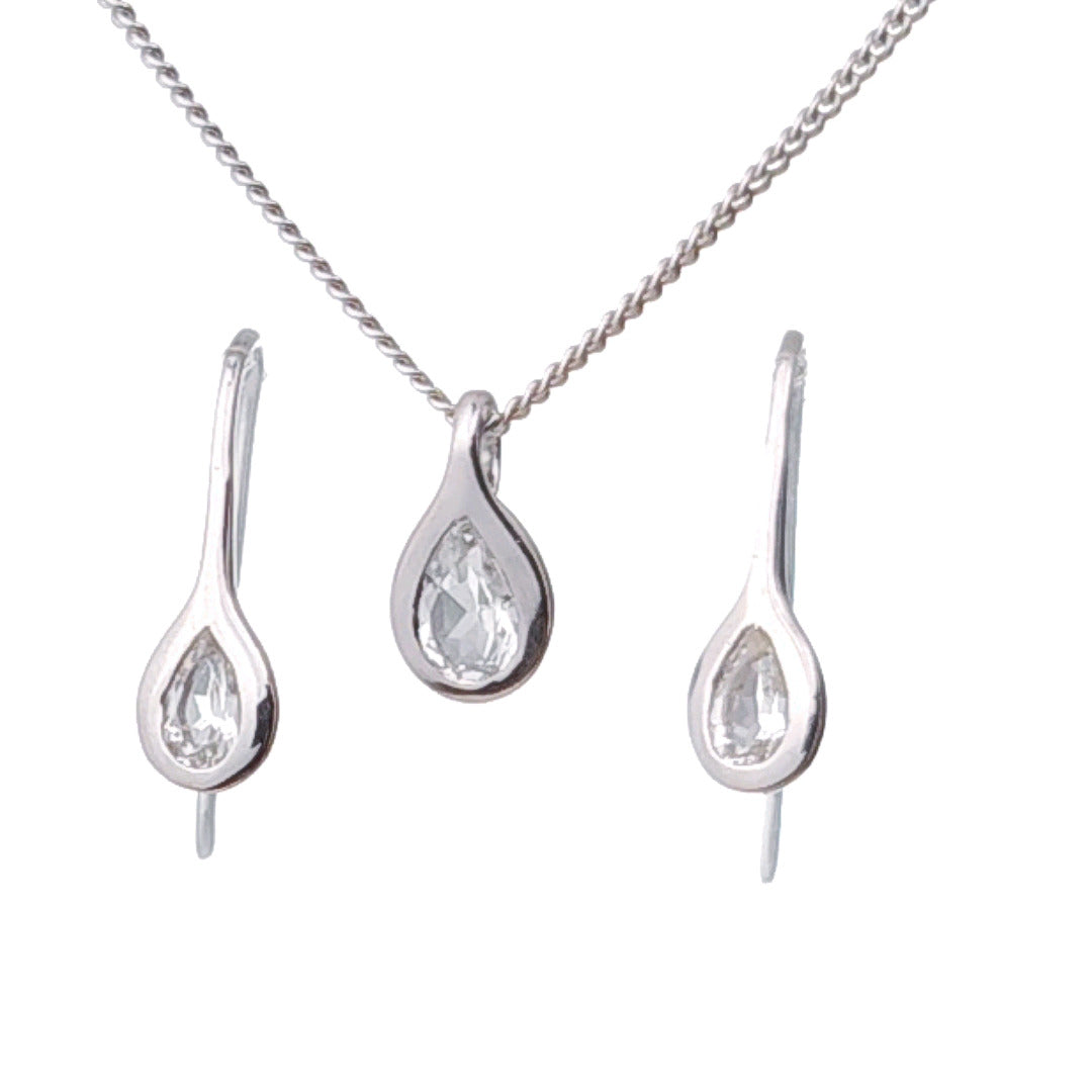 White Topaz Necklace Earring Set 1ct Pear Pendant Sterling Silver