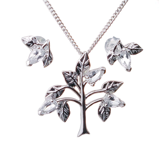 White Topaz Necklace Earring Set 1.25ct Pear Tree of Life Sterling Silver