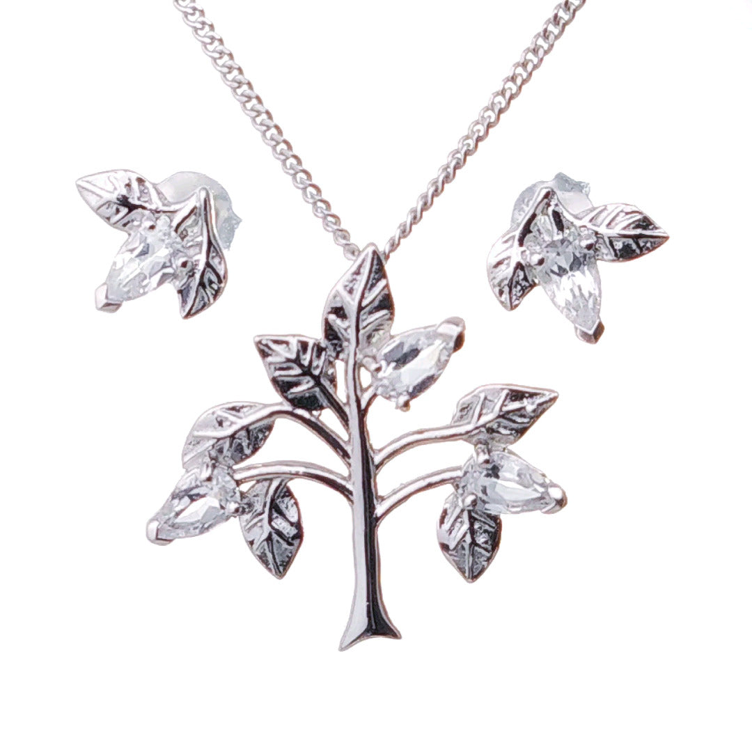 White Topaz Necklace Earring Set 1.25ct Pear Tree of Life Sterling Silver