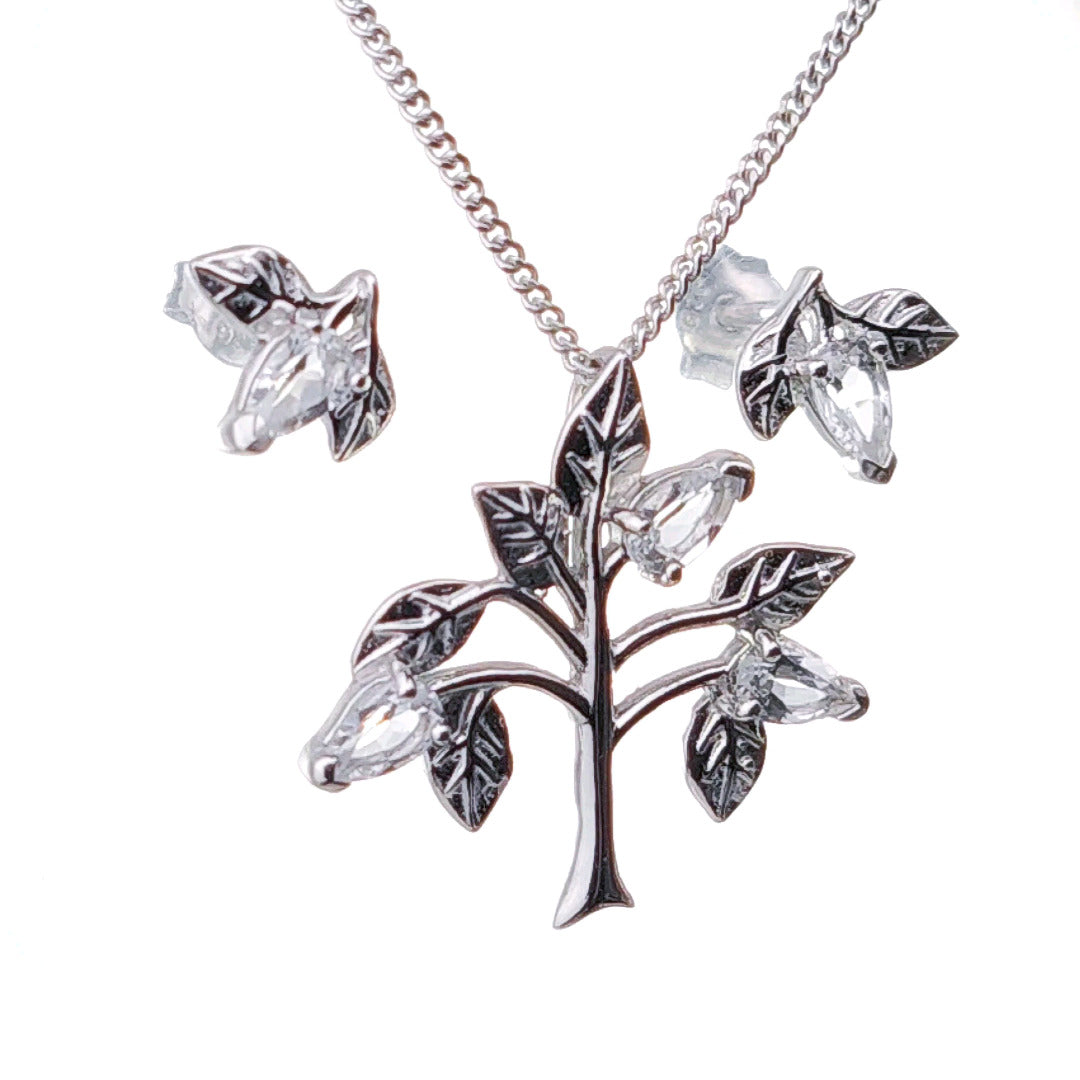 White Topaz Necklace Earring Set 1.25ct Pear Tree of Life Sterling Silver