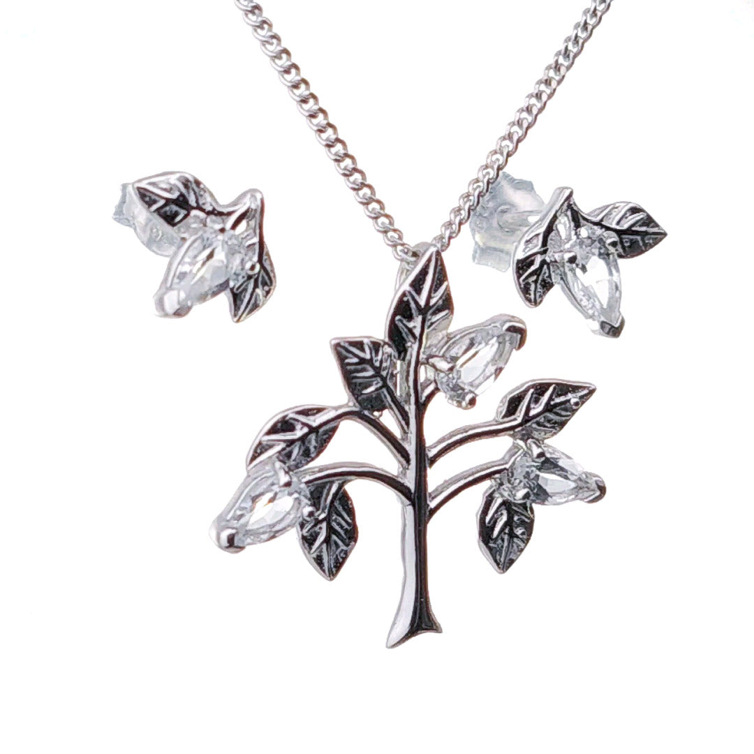 White Topaz Necklace Earring Set 1.25ct Pear Tree of Life Sterling Silver