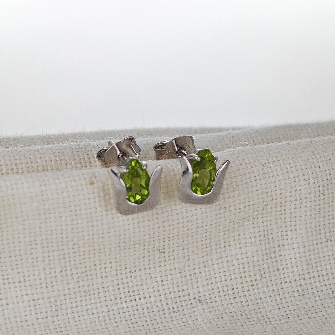 Peridot Earrings Sterling Silver Studs Green Tulip Flower