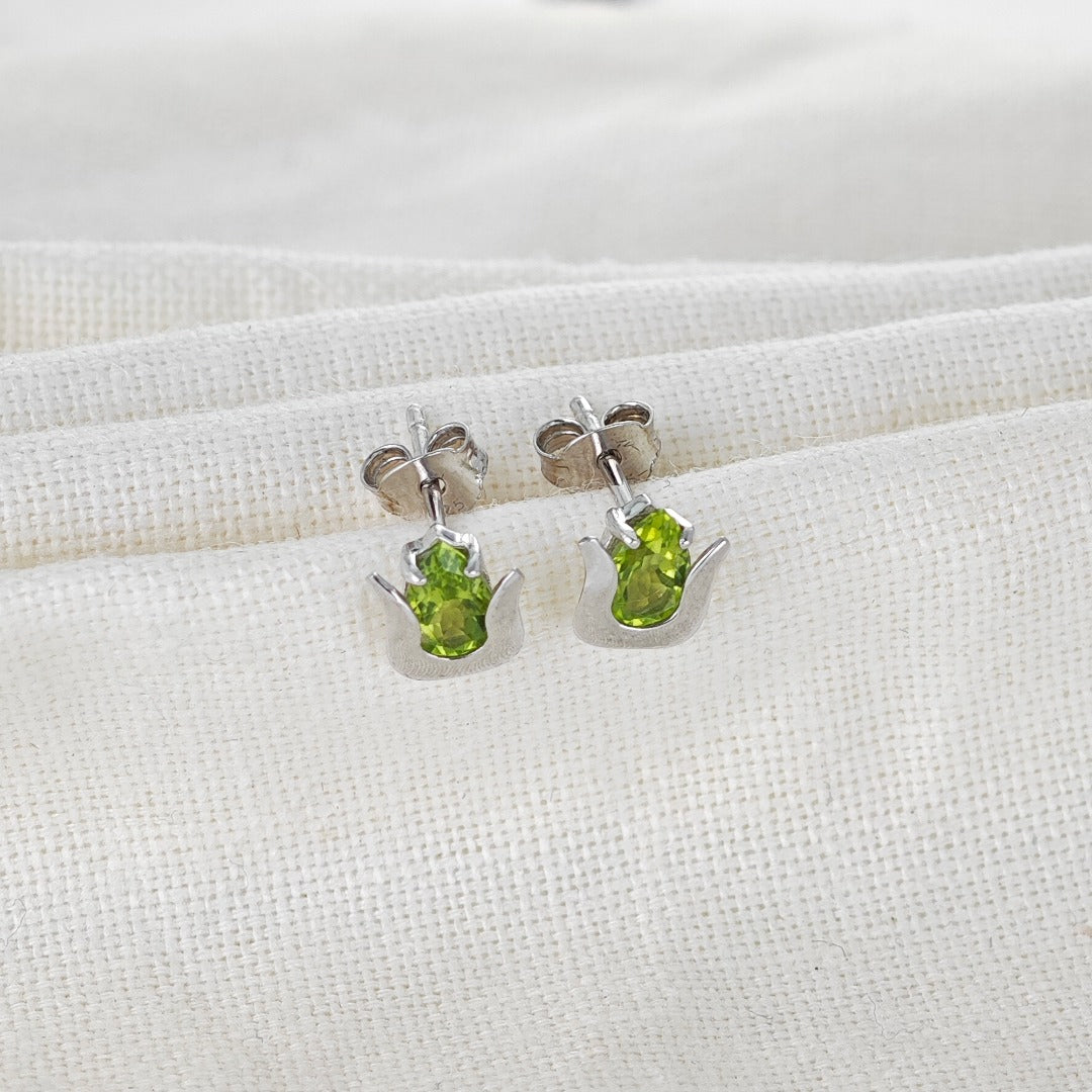 Natural Green Peridot Tulip Stud Earrings