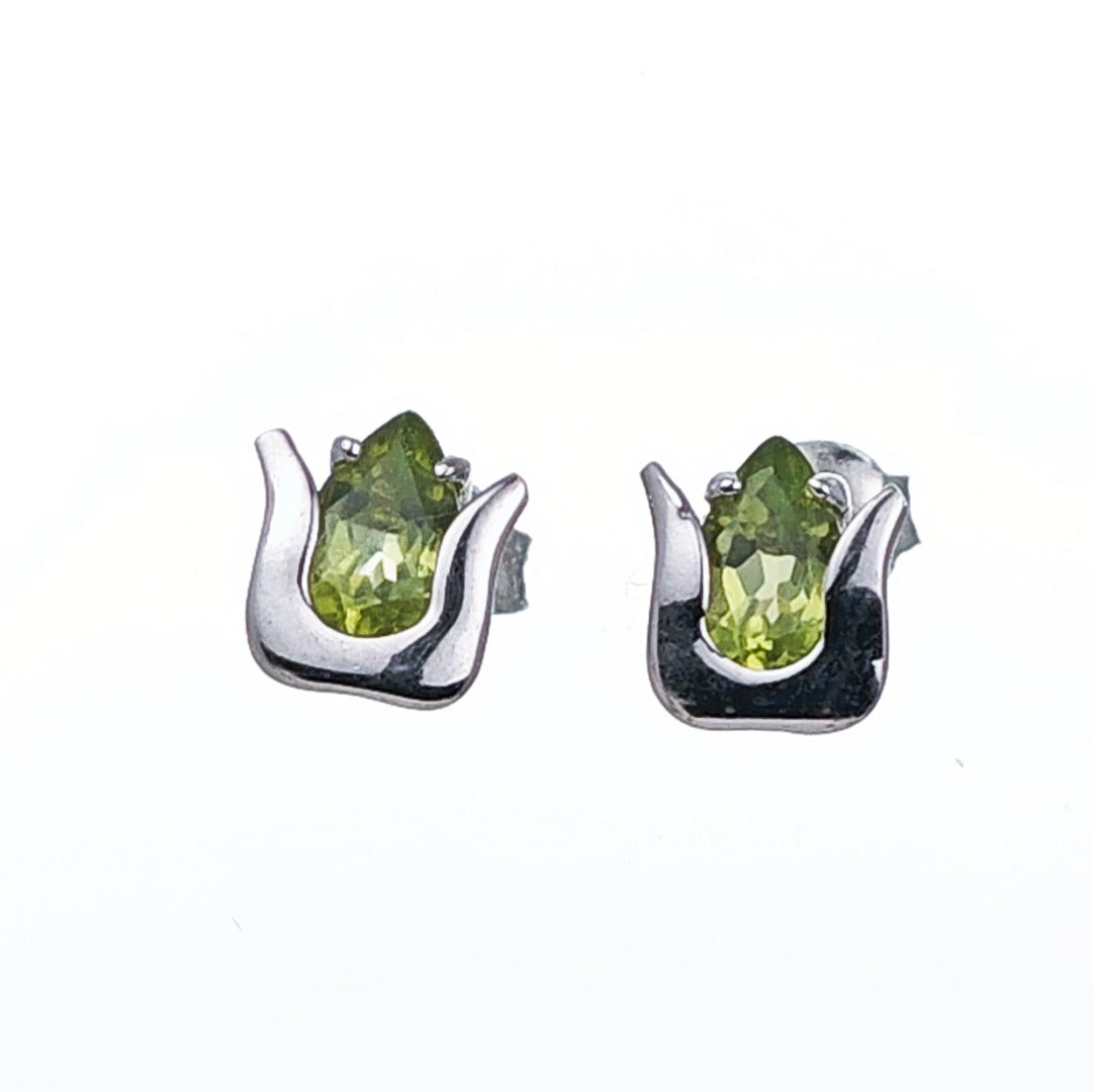 Natural Green Peridot Tulip Stud Earrings