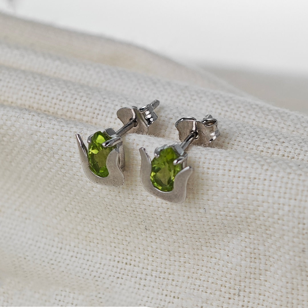 Peridot Earrings Sterling Silver Studs Green Tulip Flower