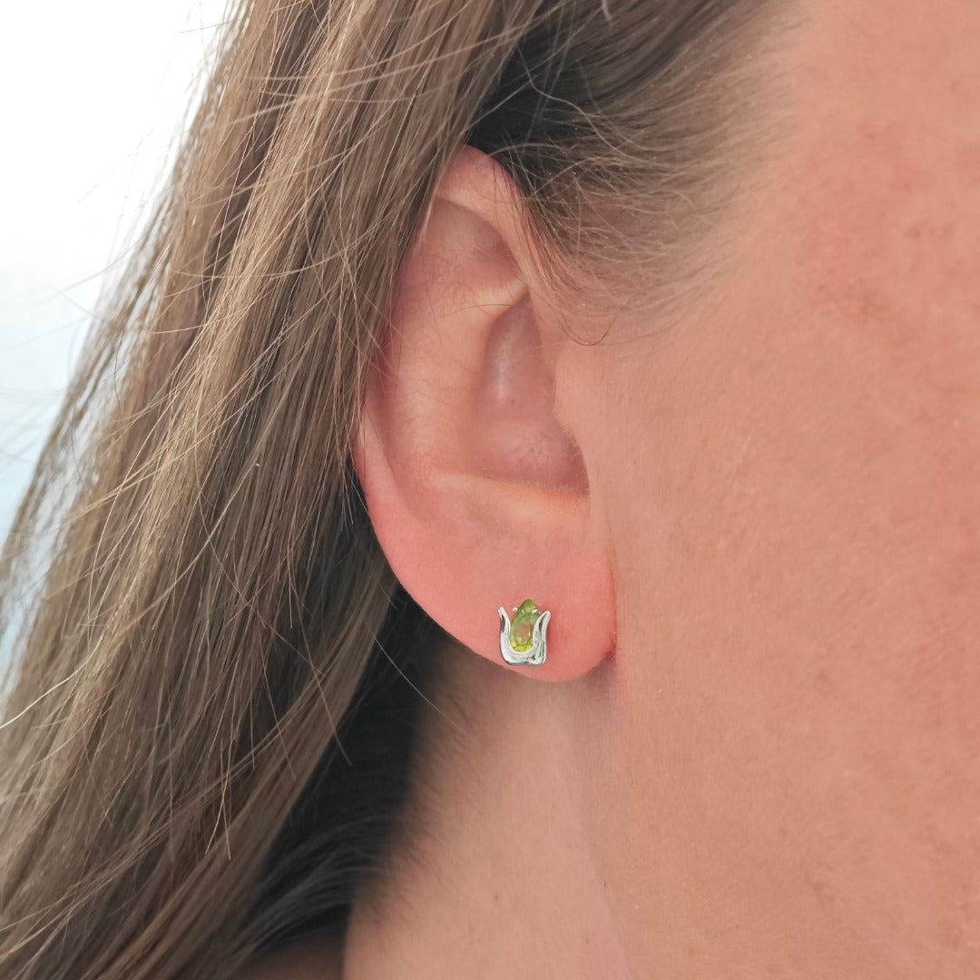 Natural Green Peridot Tulip Stud Earrings Model