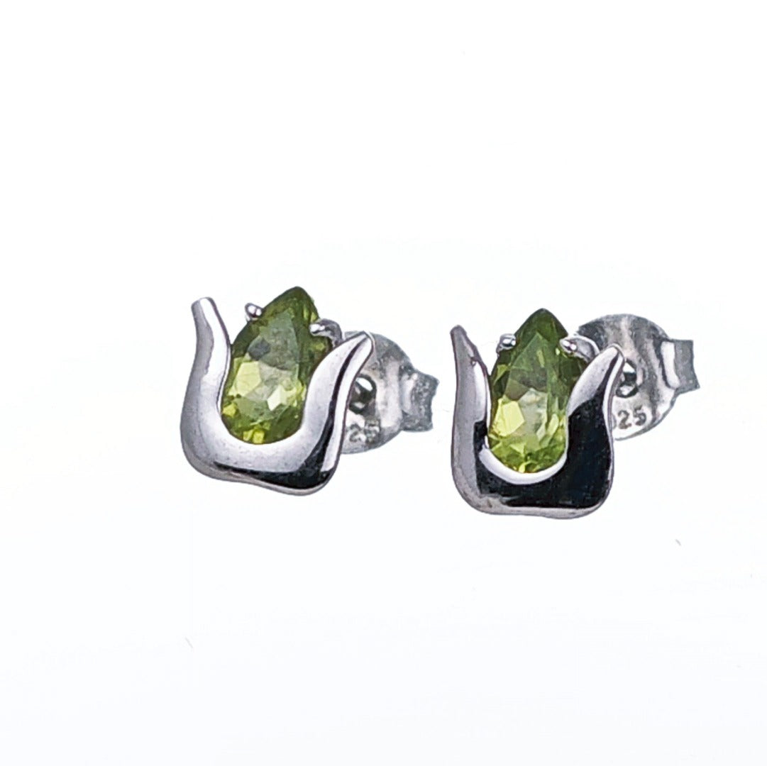 Natural Green Peridot Tulip Stud Earrings