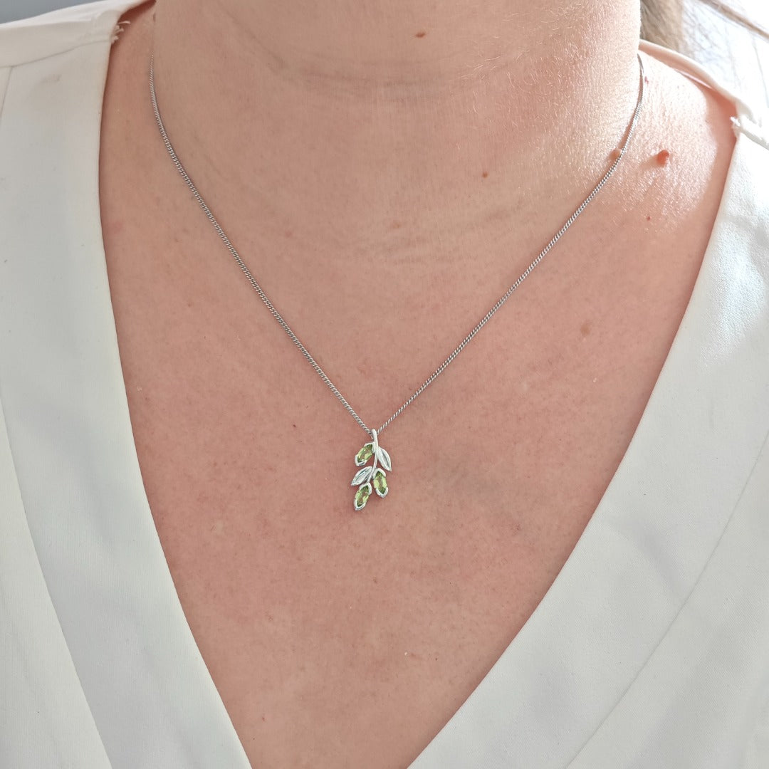 Peridot Olive Leaves on Branch Pendant Sterling Silver Model