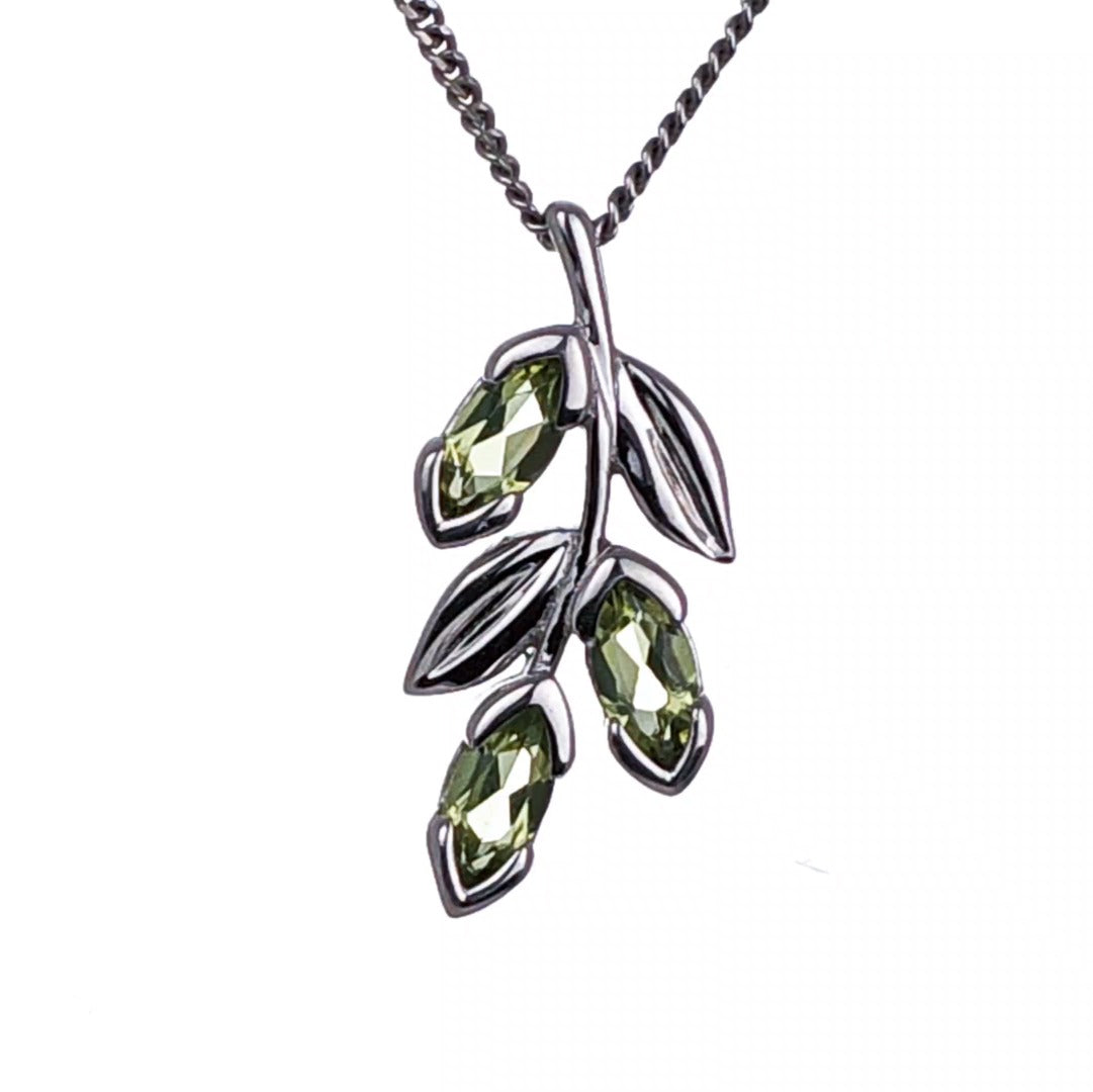 Peridot Olive Leaves on Branch Pendant Sterling Silver