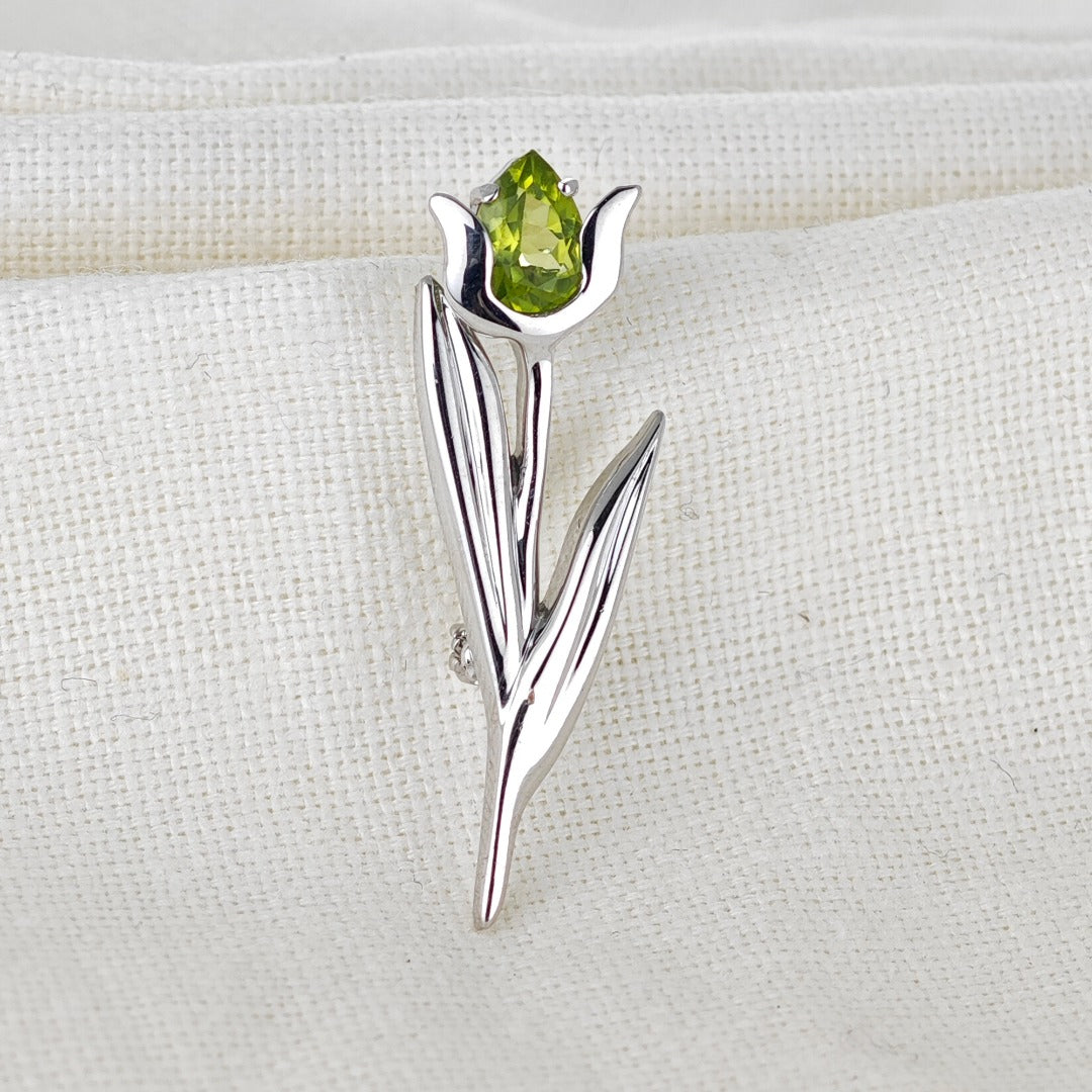 Peridot Brooch Sterling Silver Tulip