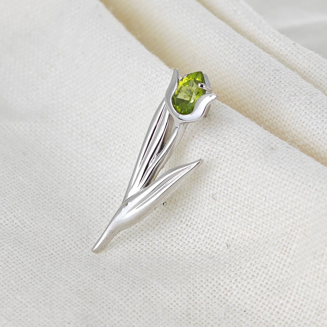 Peridot Brooch Sterling Silver Tulip