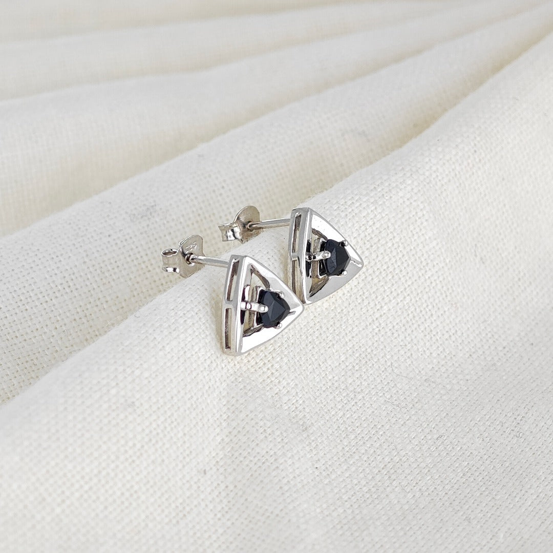 Sapphire Earrings Sterling Silver Studs Trillion Triangle Inky Blue