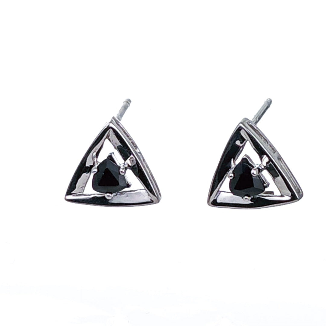 Sapphire Earrings Sterling Silver Studs Trillion Triangle Inky Blue