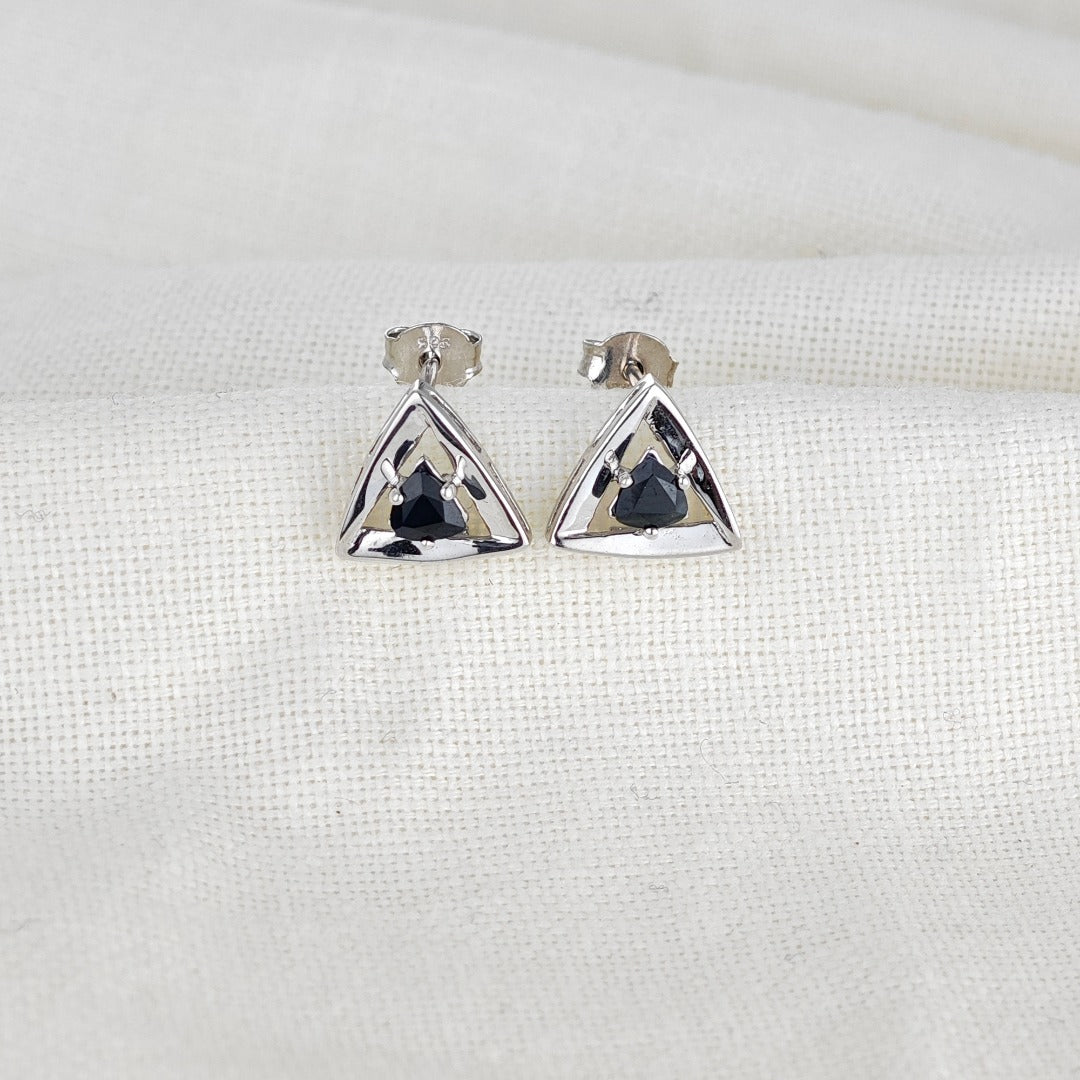 Sapphire Earrings Sterling Silver Studs Trillion Triangle Inky Blue