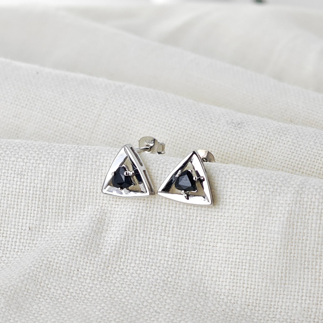 Sapphire Earrings Sterling Silver Studs Trillion Triangle Inky Blue