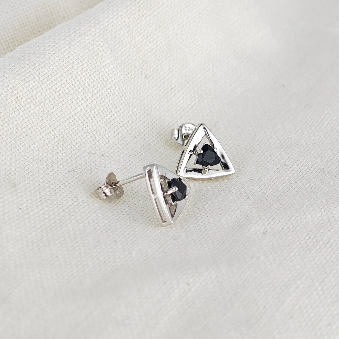 Sapphire Earrings Sterling Silver Studs Trillion Triangle Inky Blue