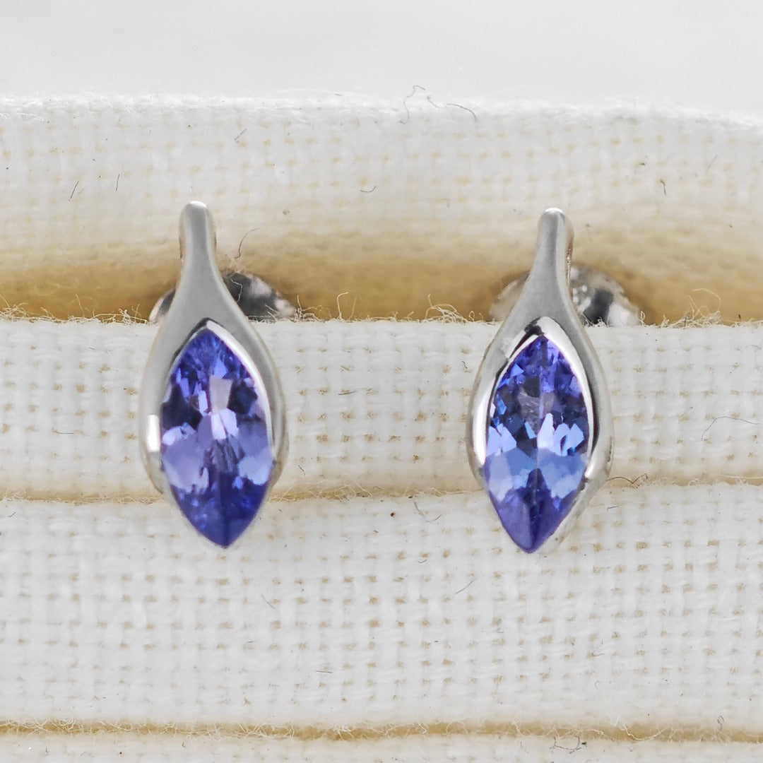 Tanzanite Earrings Sterling Silver Studs Minimalist Marquise