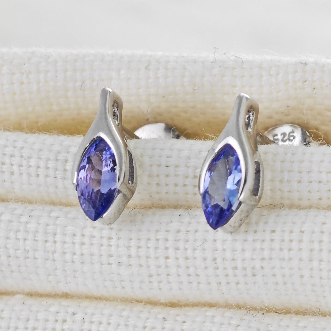 Tanzanite Earrings Sterling Silver Studs Minimalist Marquise