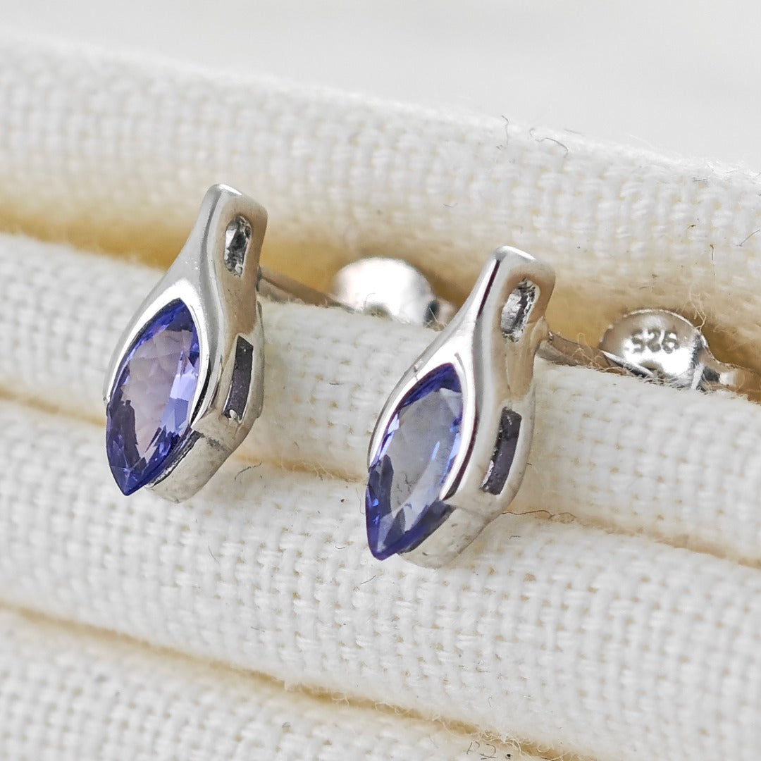 Tanzanite Earrings Sterling Silver Studs Minimalist Marquise