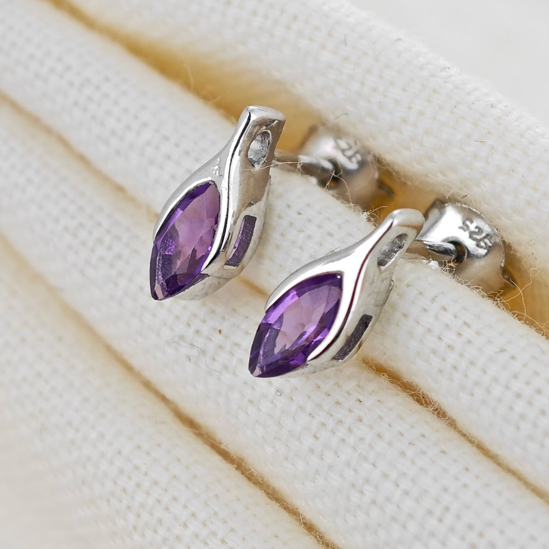 Amethyst Earrings Sterling Silver Studs Minimalist Marquise