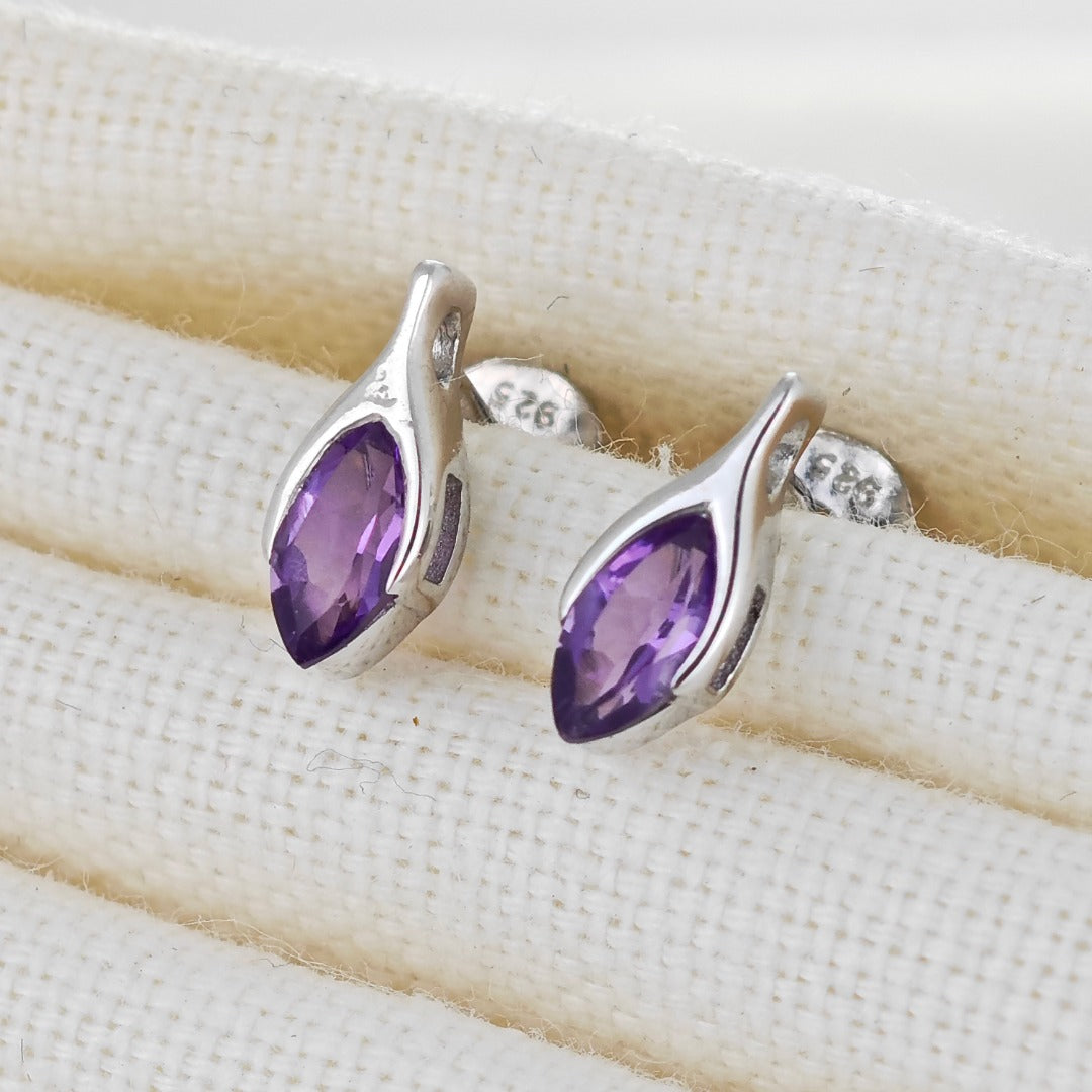 Amethyst Earrings Sterling Silver Studs Minimalist Marquise