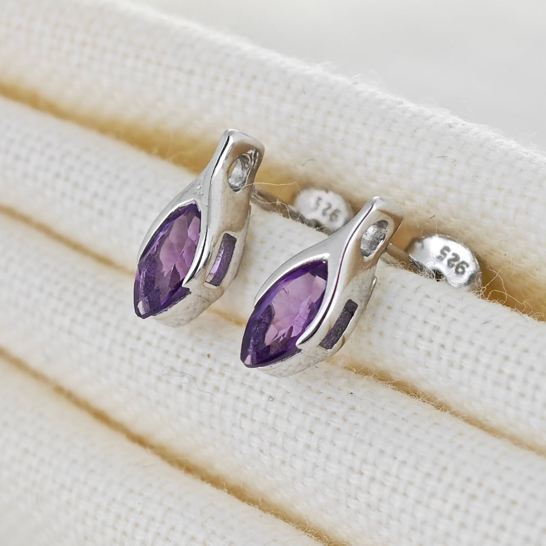 Amethyst Earrings Sterling Silver Studs Minimalist Marquise