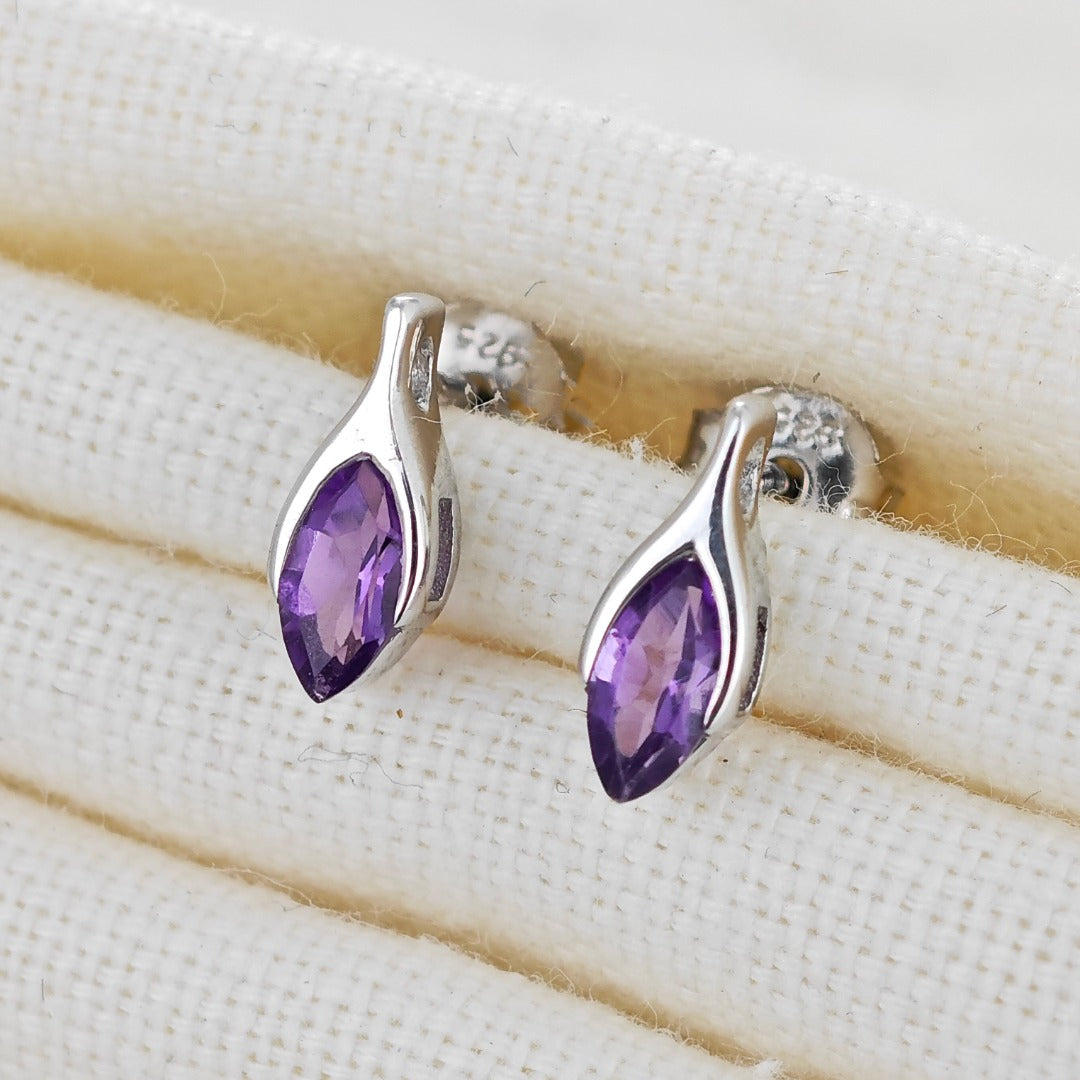 Amethyst Earrings Sterling Silver Studs Minimalist Marquise