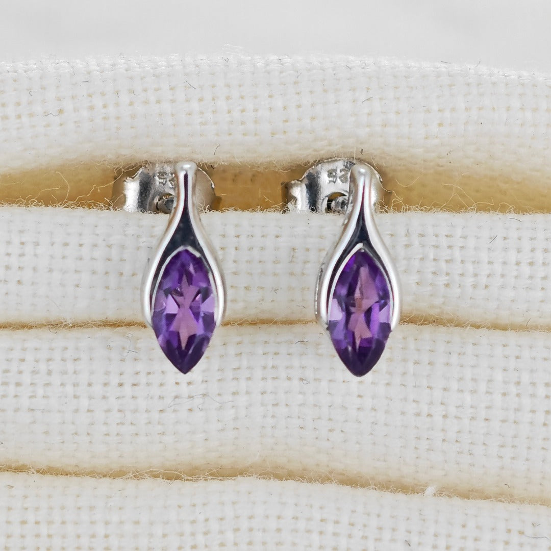 Amethyst Earrings Sterling Silver Studs Minimalist Marquise