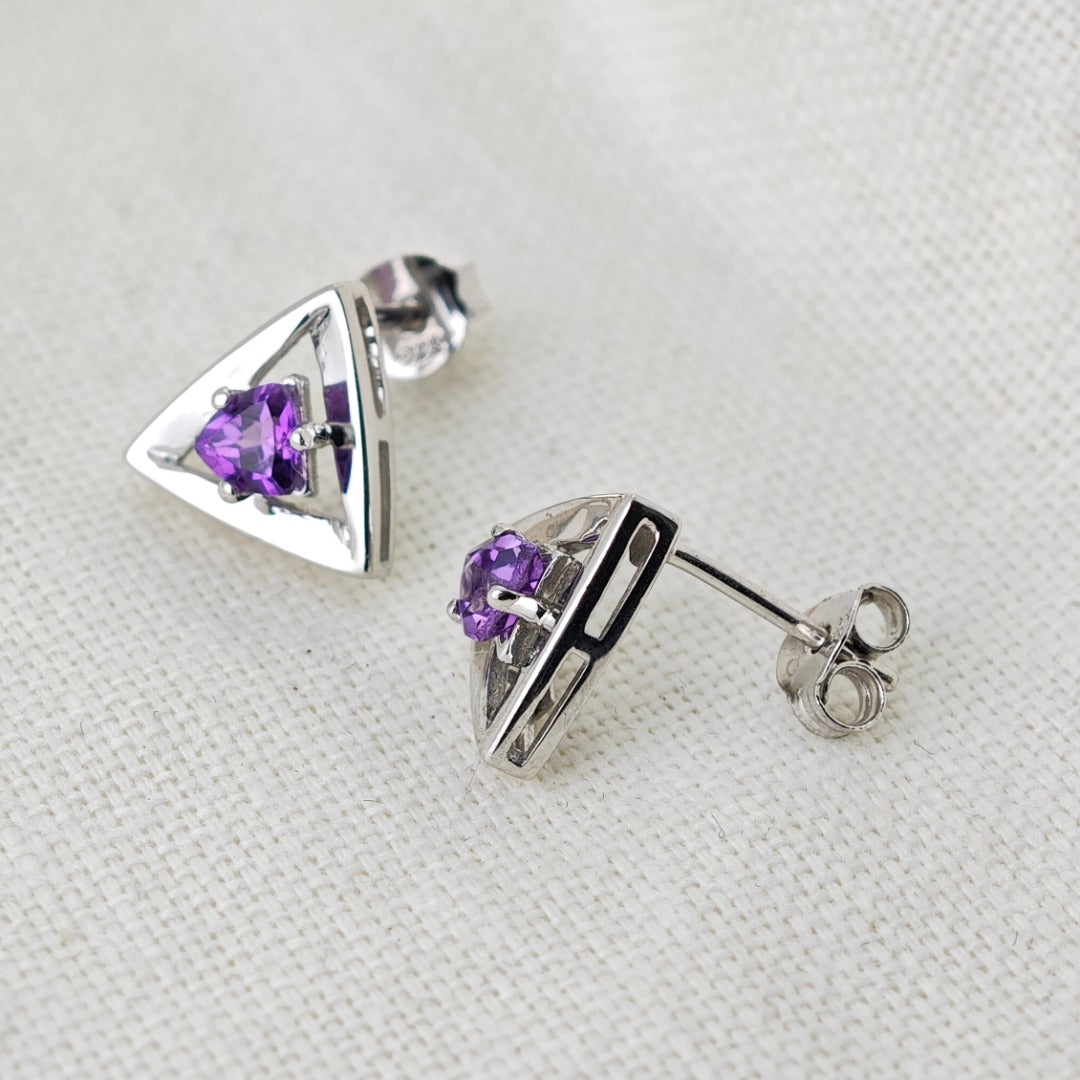 Amethyst Earrings Sterling Silver Studs Trillion