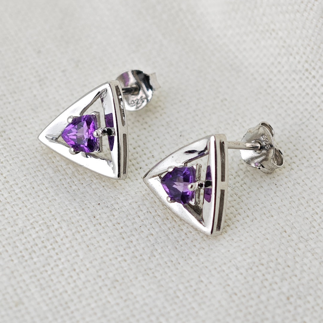 Amethyst Earrings Sterling Silver Studs Trillion