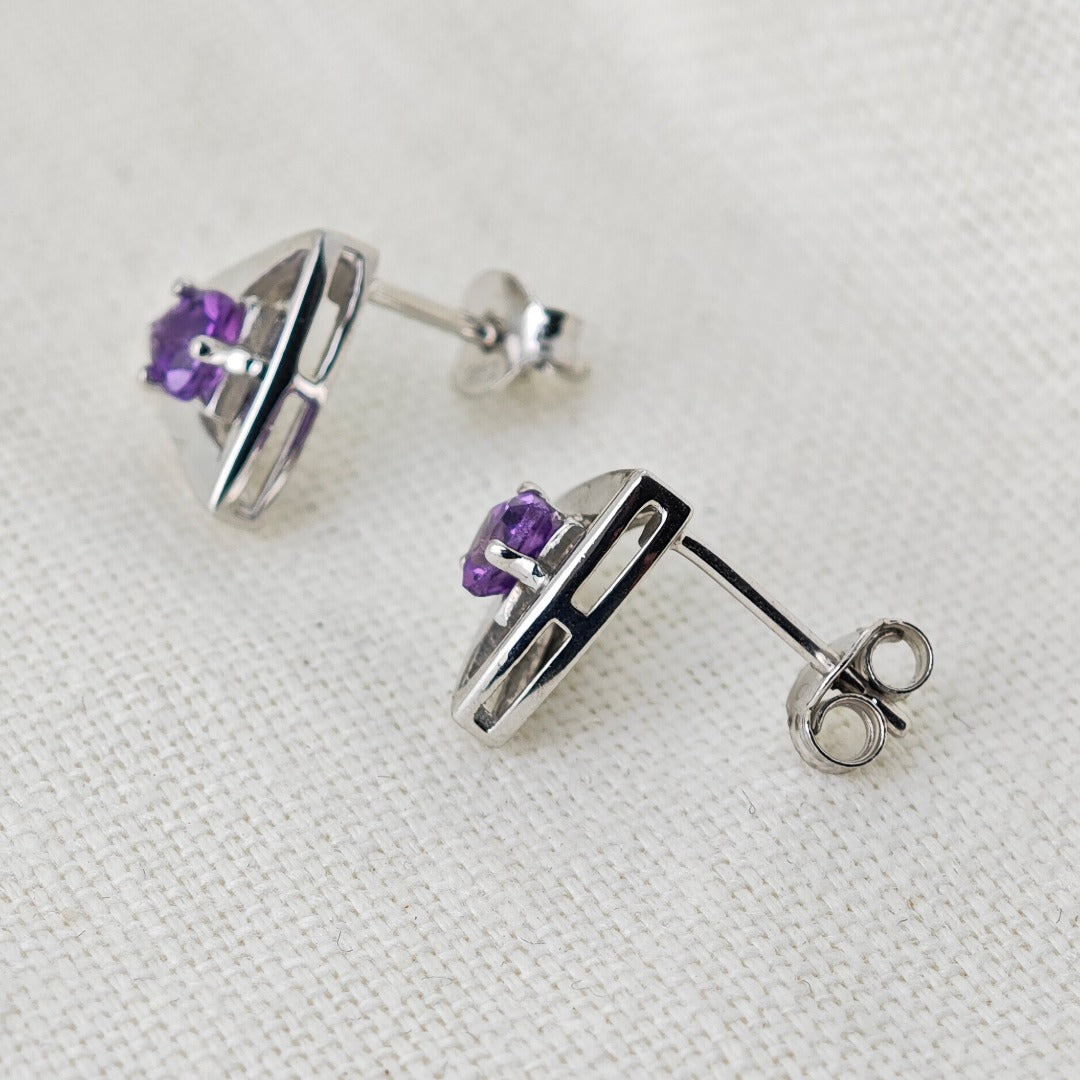 Amethyst Earrings Sterling Silver Studs Trillion