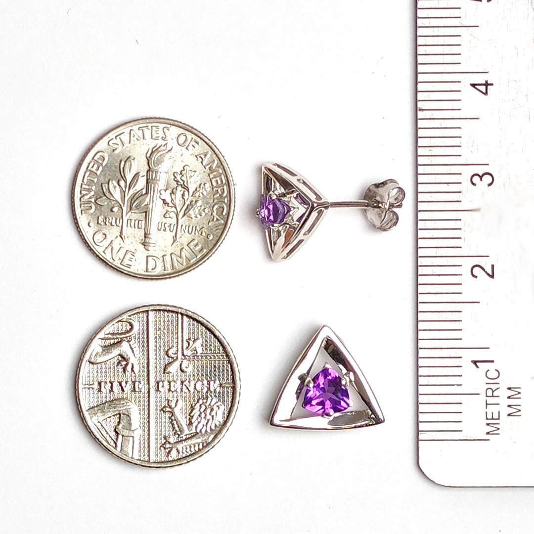 Amethyst Earrings Sterling Silver Studs Trillion