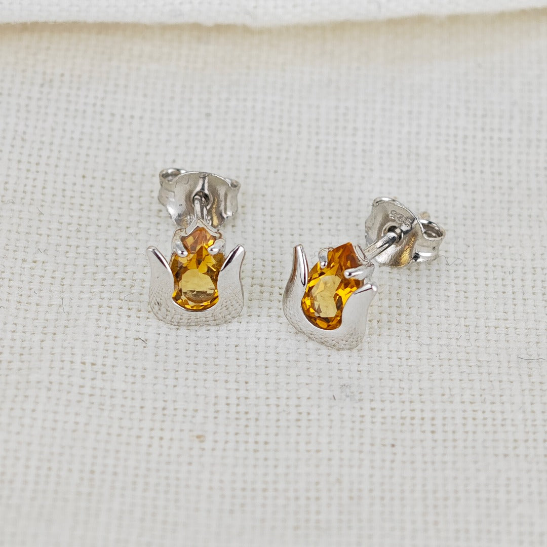 Elegant Sterling Silver Tulip Flower Earrings with Natural African Citrine Pear Cut Stones