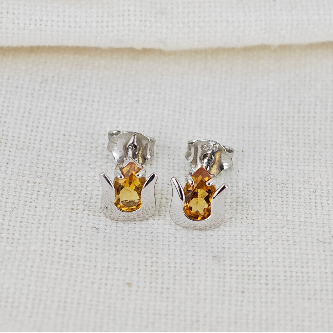 Elegant Sterling Silver Tulip Flower Earrings with Natural African Citrine Pear Cut Stones