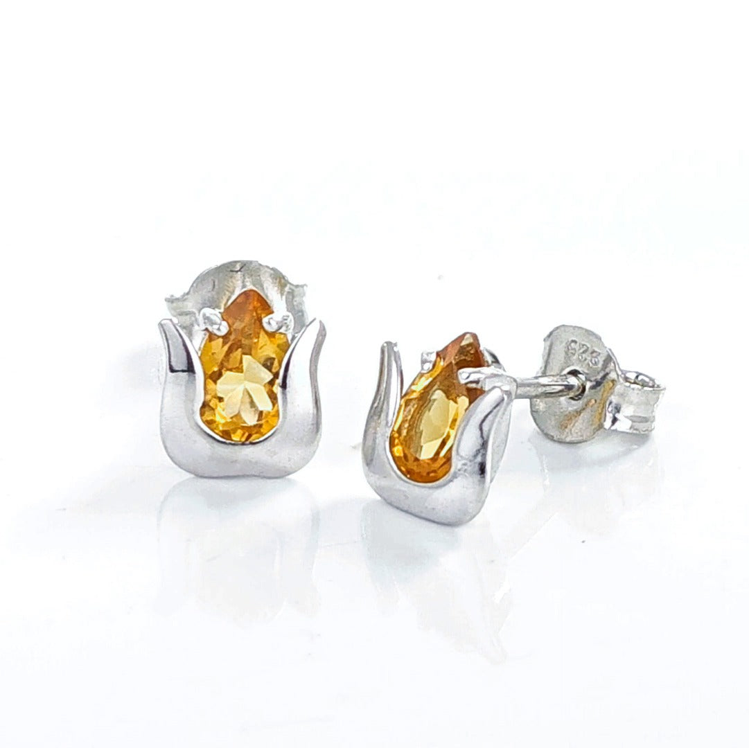 Elegant Sterling Silver Tulip Flower Earrings with Natural African Citrine Pear Cut Stones