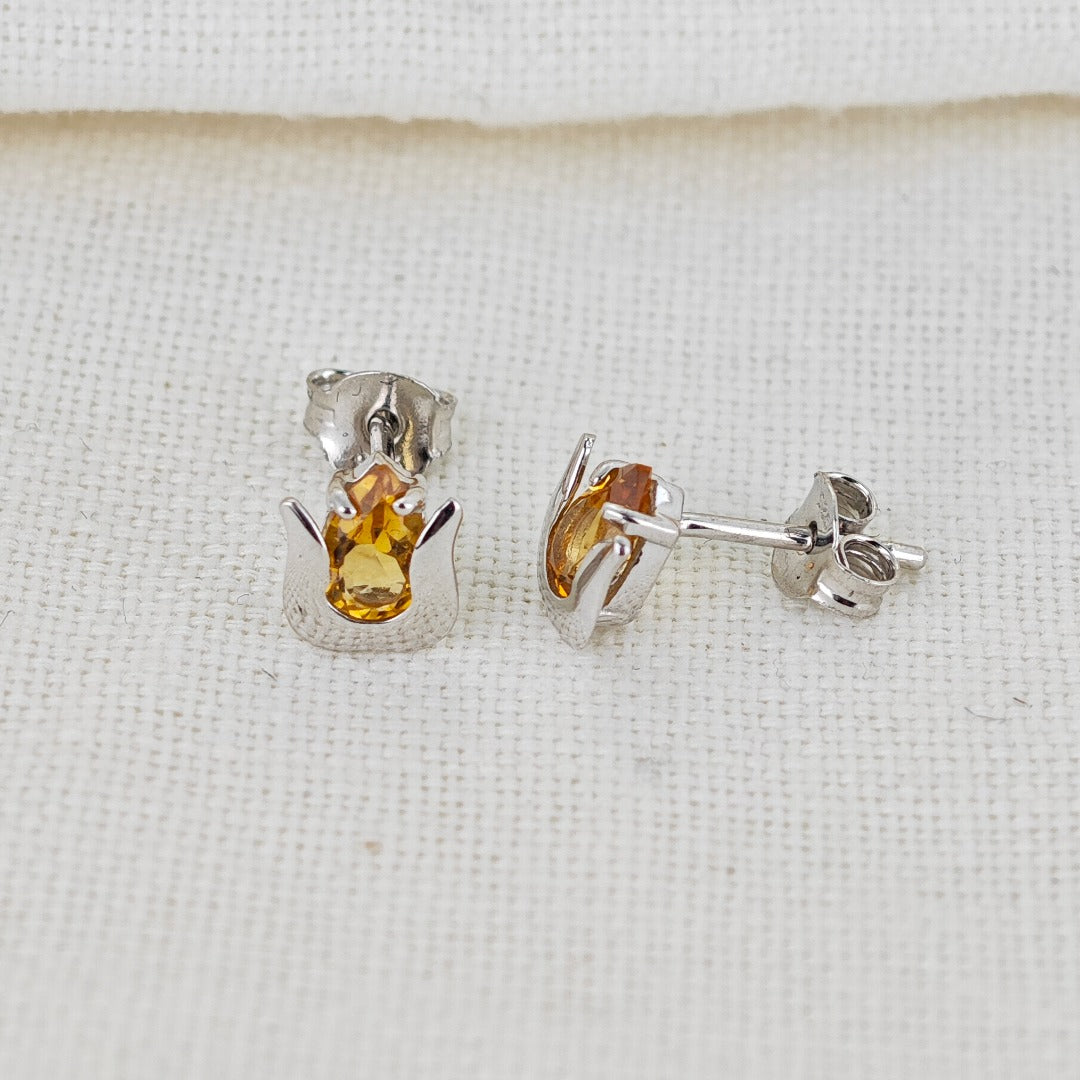 Elegant Sterling Silver Tulip Flower Earrings with Natural African Citrine Pear Cut Stones