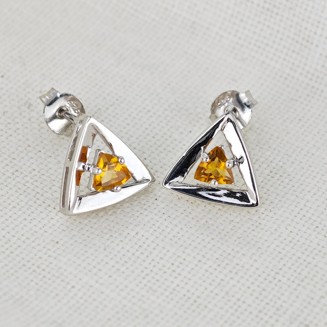 Citrine Earrings Sterling Silver Studs Trillion