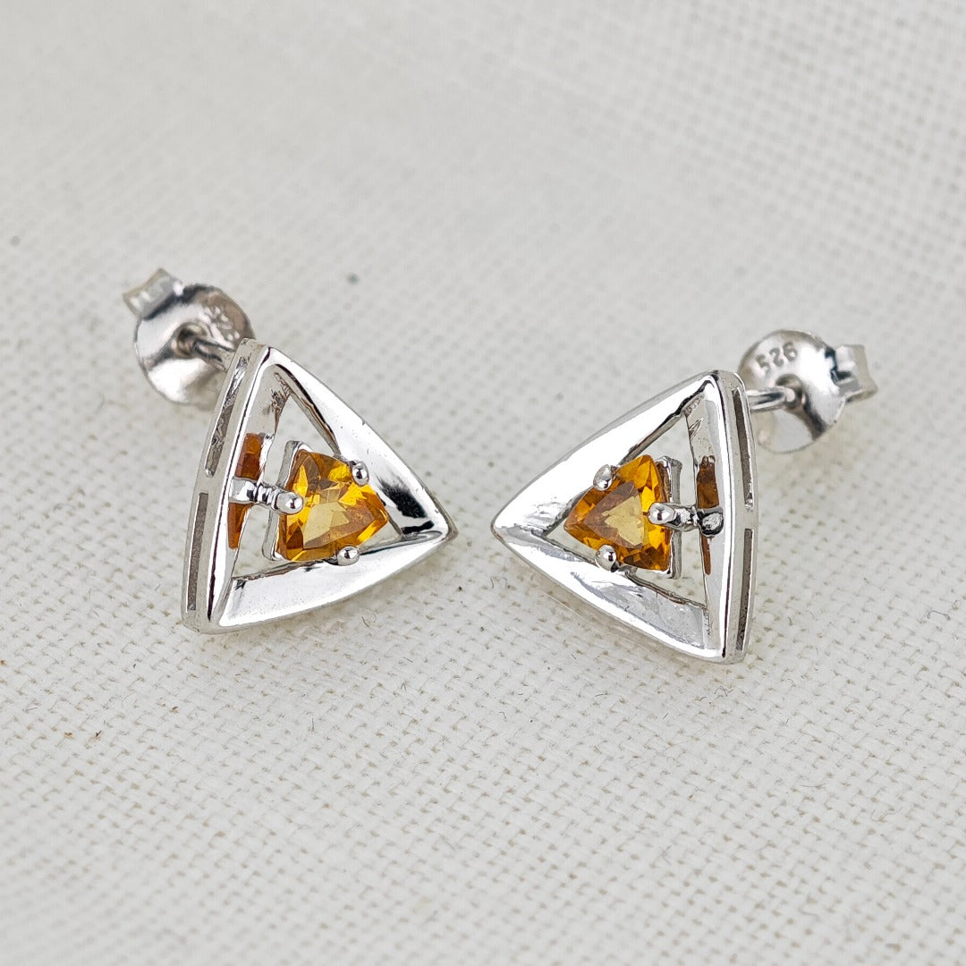 Citrine Earrings Sterling Silver Studs Trillion